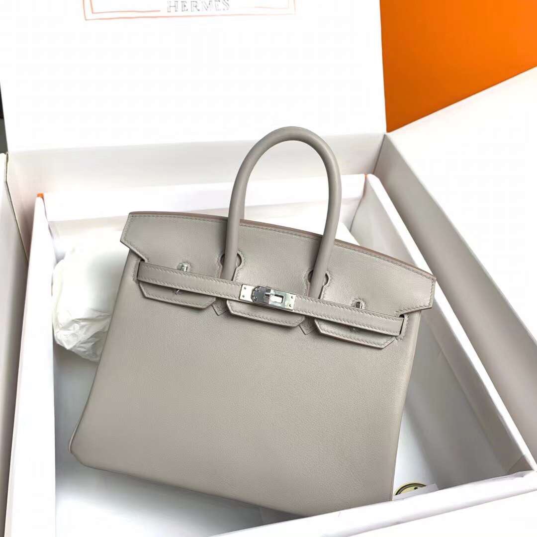 Hermes Birkin 25CM Swift Leather Handbag Light Grey